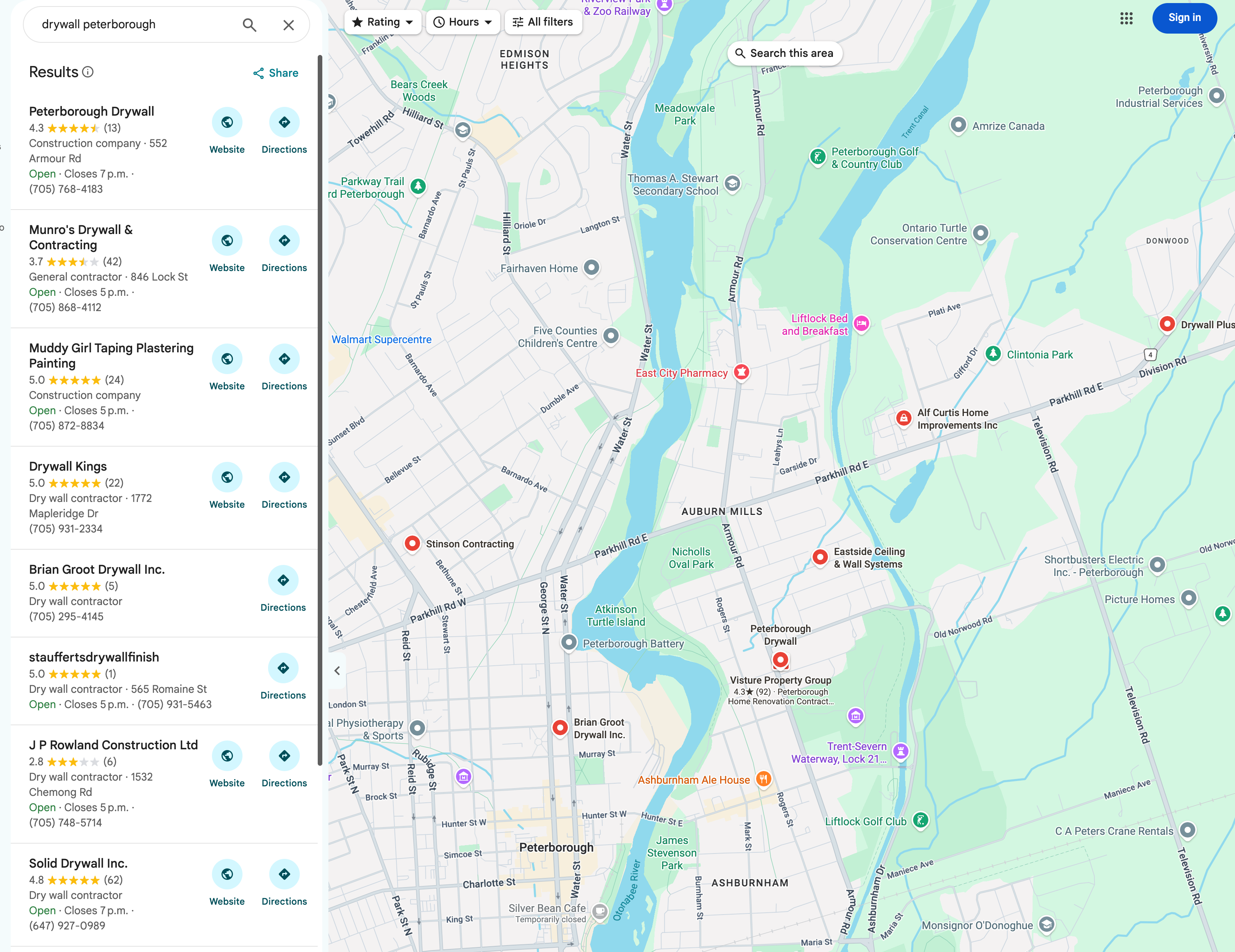 Google Maps results for drywall peterborough including Solid Drywall Inc.