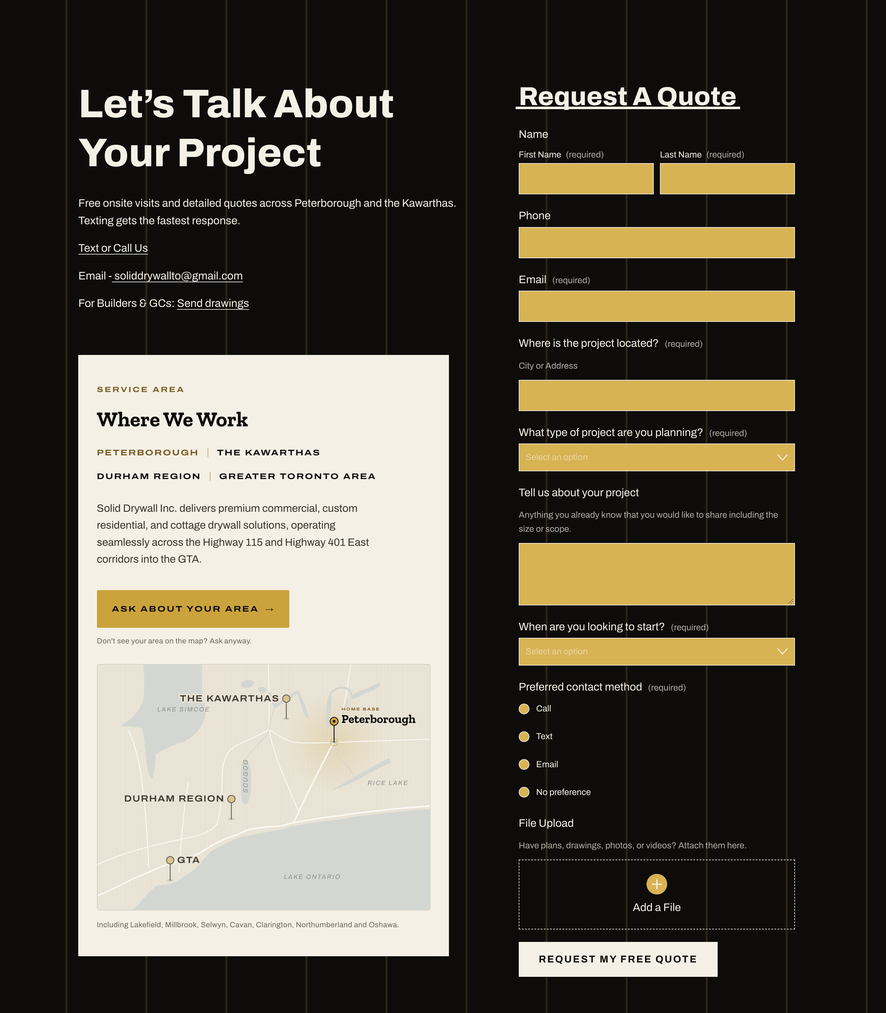 Solid Drywall contact page with service area map and quote form