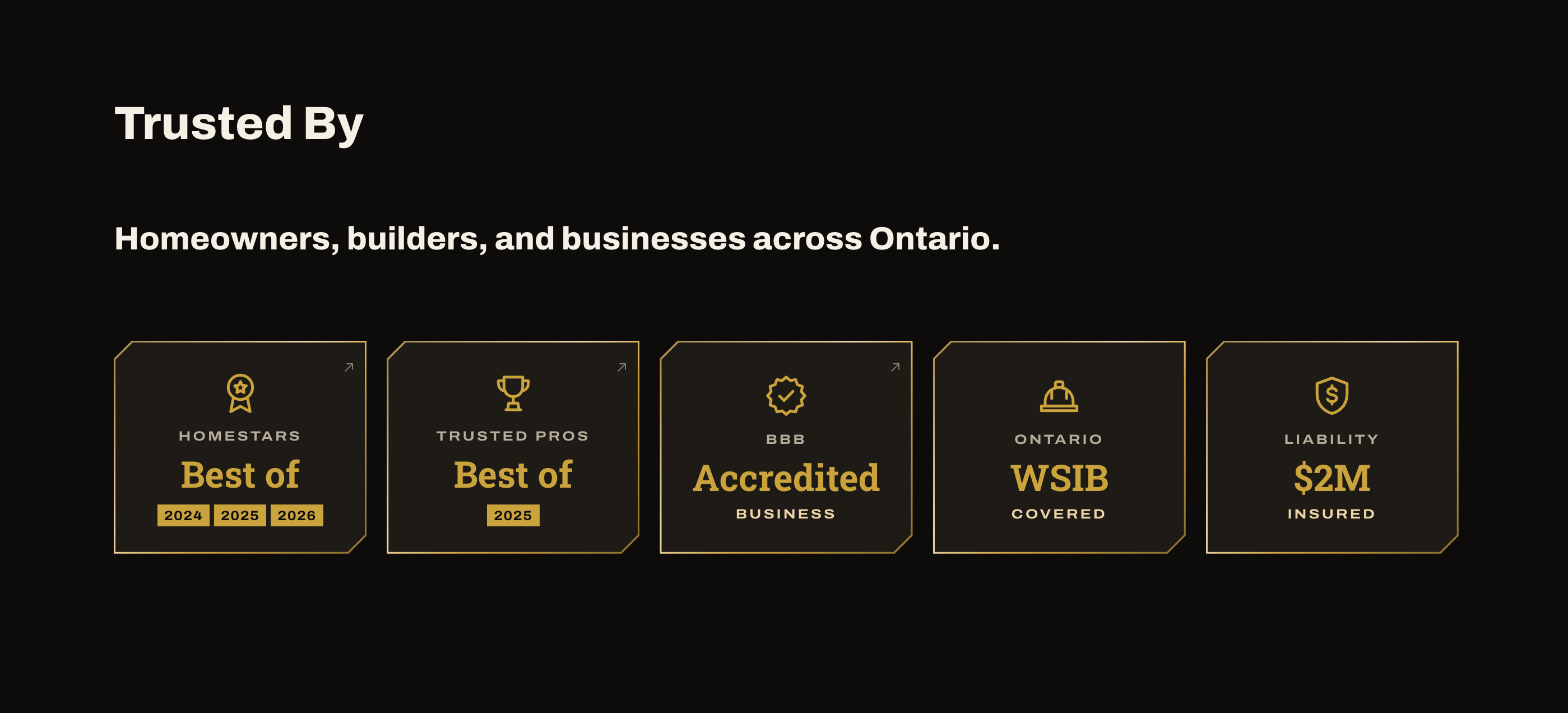 Trusted By badges: HomeStars Best of 2024 to 2026, TrustedPros 2025, BBB, WSIB and $2M insured