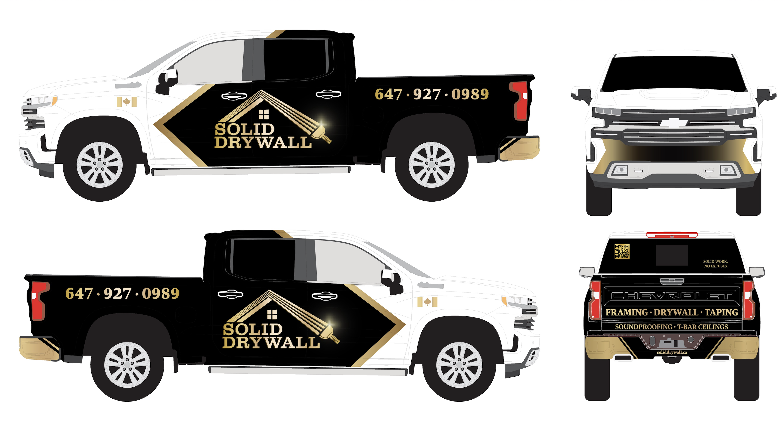 Solid Drywall truck wrap in black and gold with QR code on the rear window