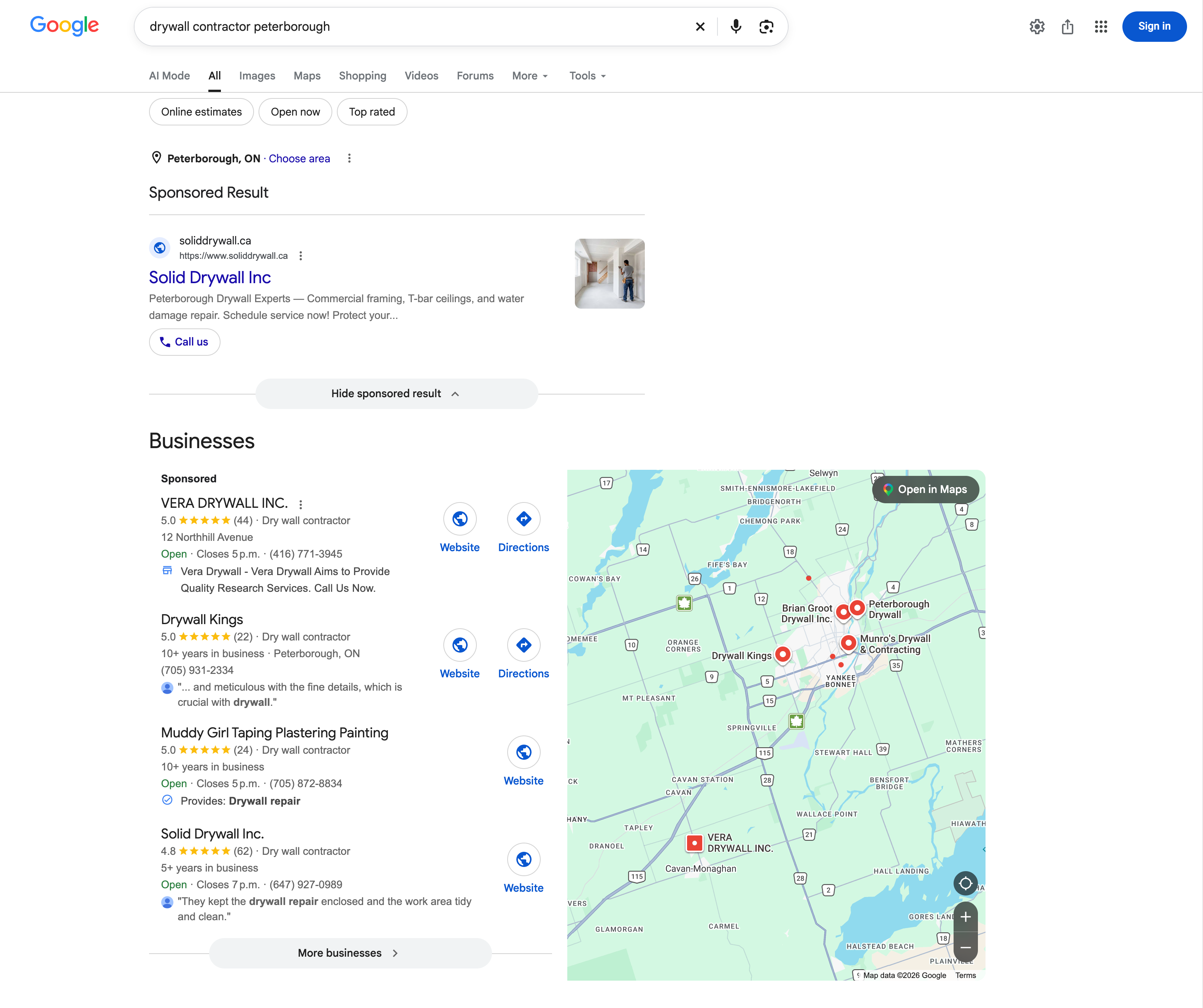 Google search for drywall contractor peterborough showing the Solid Drywall ad and local pack listing